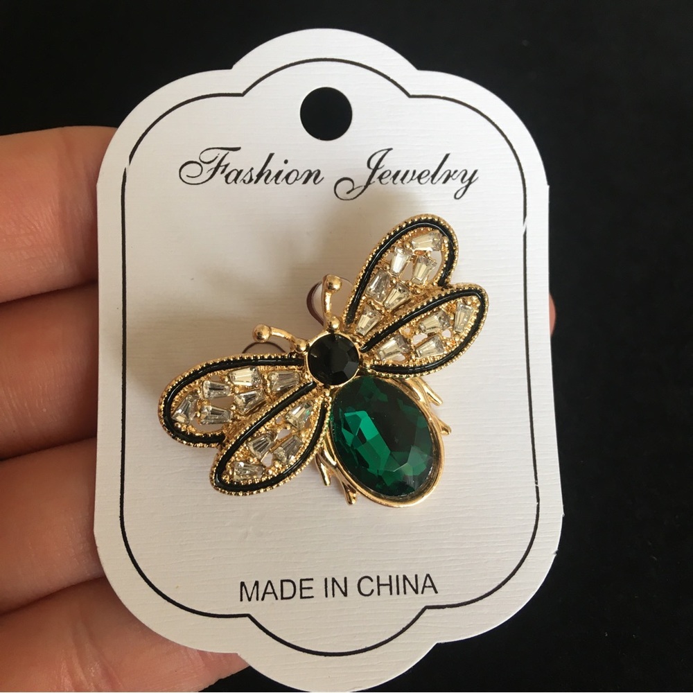 Bumblebee Green and Gold Tone Rhinestone Brooch Pin